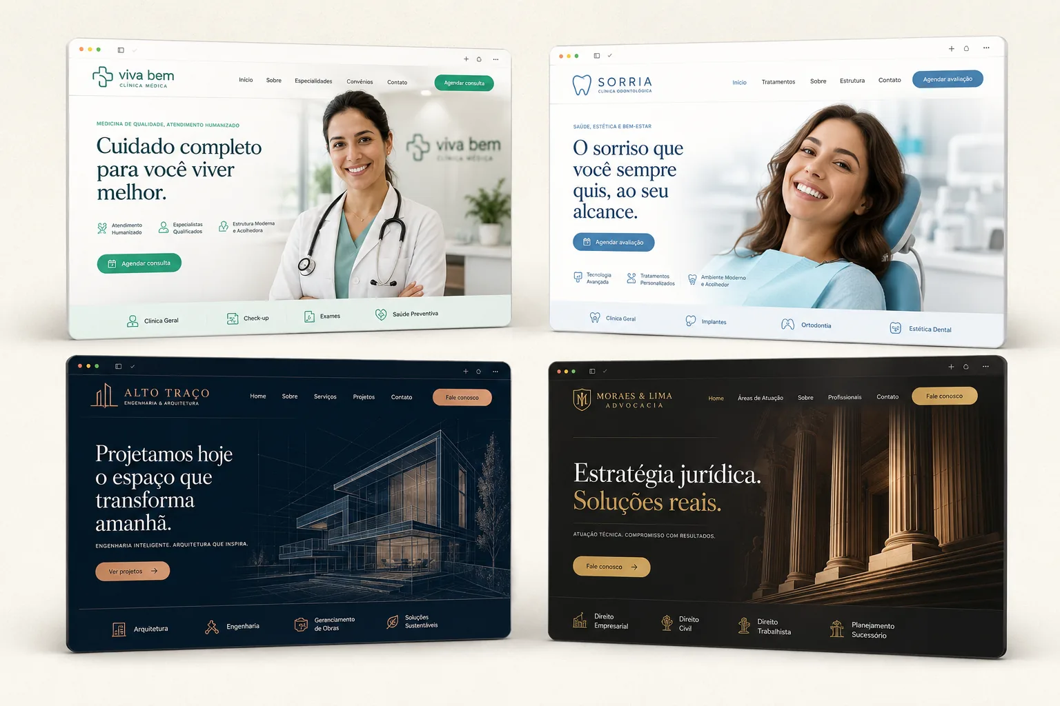 Quatro sites criados pela AiFarol: clínica médica Viva Bem, clínica odontológica Sorria, escritório de engenharia e arquitetura Alto Traço, e advocacia Moraes & Lima