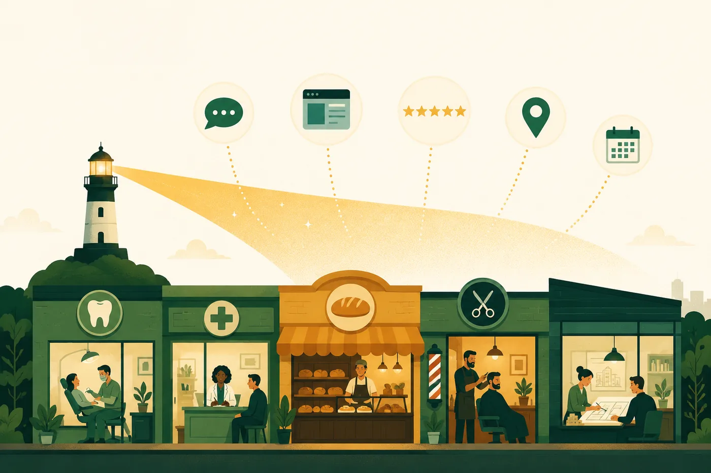 Ilustração de diversos negócios — clínica odontológica, consultório médico, padaria, barbearia e escritório — conectados pela luz de um farol a ícones de site, conversa, avaliações, mapa e agenda